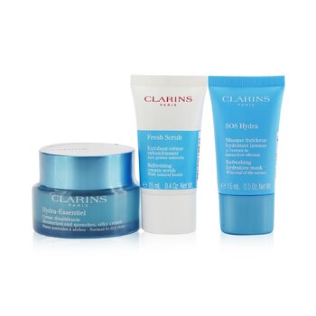Clarins Hydration Essentials Gift Set: Hydra-Essentiel Silky Cream 50ml+ Fresh Scrub 15ml+ SOS Hydra Mask 15ml+ Pouch