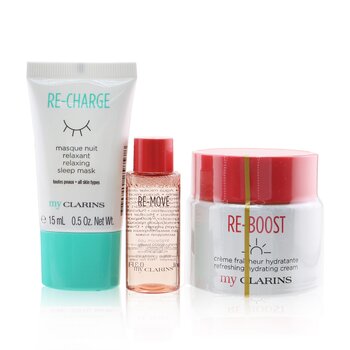 My Clarins Essentials Set: Re-Boost Hydrating Cream 50ml+ Re-Move Cleansing Water 10ml+ Re-Charge Sleep Mask 15ml