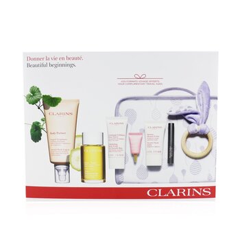 Clarins Maternity Set: Stretch Mark Expert+ Tonic Treatment Oil+ Body Scrub+ Beauty Flash Balm+ Multi-Active Yeux+ Mascara+ Bag